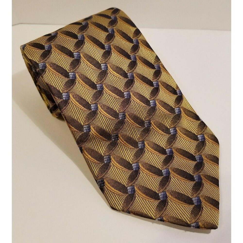Fabio Fazio 100% Silk Gold Tan Neck Tie Fan Pattern Blue 58"